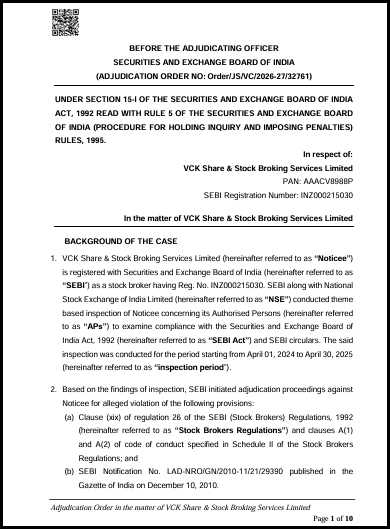First page of the SEBI adjudication order in the matter of VCK Share & Stock Broking Services Limited, registration number INZ000215030