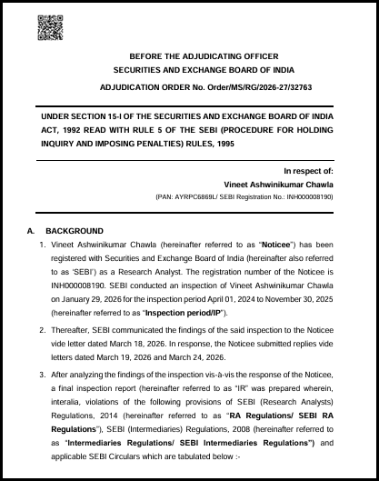 First page of the SEBI adjudication order in the matter of research analyst Vineet Ashwinikumar Chawla, registration number INH000008190