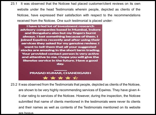 Screenshot of a fake client testimonial on the Eqwires website cited in the SEBI order