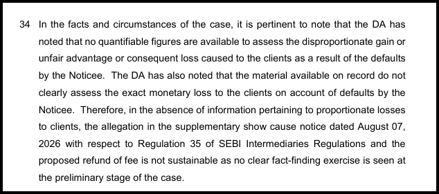 SEBI order paragraph stating no quantifiable client loss was available and the proposed refund of fees was not sustainable