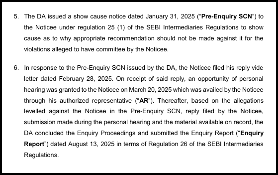 SEBI order paragraphs describing the pre-enquiry show cause notice, personal hearing and enquiry report against Eqwires