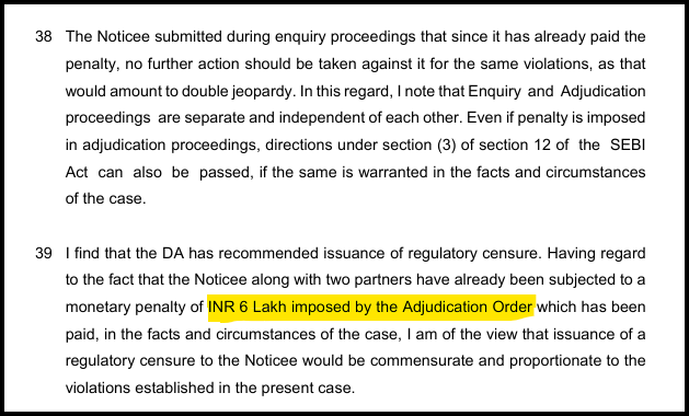 SEBI order paragraphs on double jeopardy and regulatory censure for Eqwires after a Rs. 6 Lakh penalty