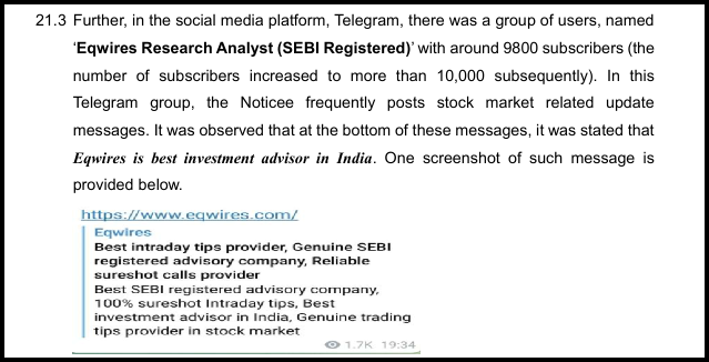 Telegram message from Eqwires claiming to be the best investment advisor in India with sureshot intraday tips