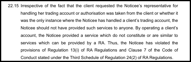 SEBI order paragraph holding that Eqwires violated RA Regulations by handling client trading accounts