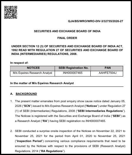 First page of the SEBI final order against Eqwires Research Analyst, registration number INH000007465