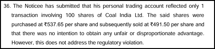 SEBI order paragraph 36 noting the noticee’s single trade of 100 Coal India shares and the finding that it does not address the regulatory violation