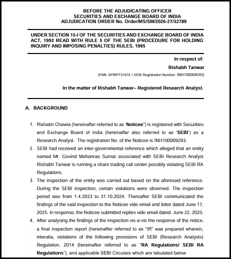 SEBI adjudication order first page against Rishabh Tanwar, registered research analyst, showing the background section