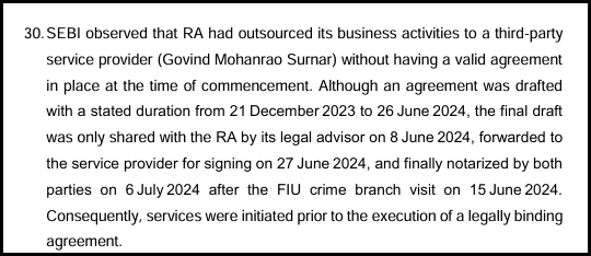 SEBI order paragraph 30 stating the research analyst outsourced activities to a third party without a valid agreement