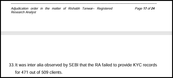 SEBI order paragraph 33 noting the research analyst failed to provide KYC records for 471 of 509 clients