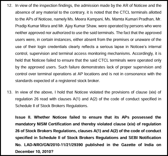 SEBI adjudication order paragraphs 12 and 13 holding the broker violated clause (xix) of regulation 26, followed by Issue II on NISM certification