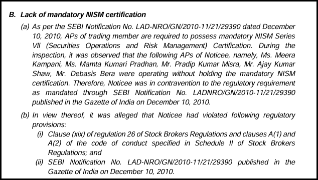 SEBI order excerpt on lack of mandatory NISM Series VII certification among authorised persons of a trading member