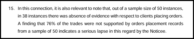 SEBI order paragraph noting 38 of 50 sampled trades had no evidence of client order placement