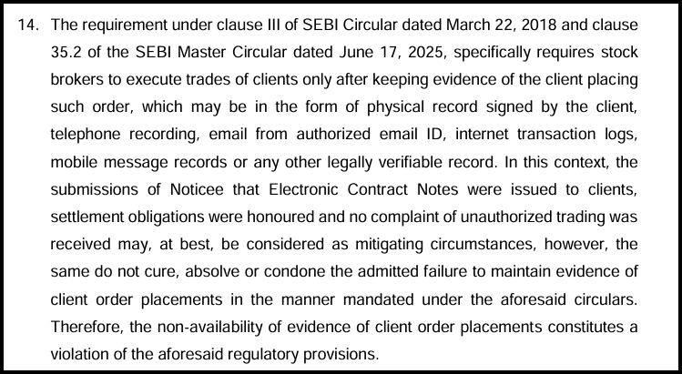 SEBI order paragraph on the requirement for stock brokers to keep evidence of client order placement under SEBI circulars