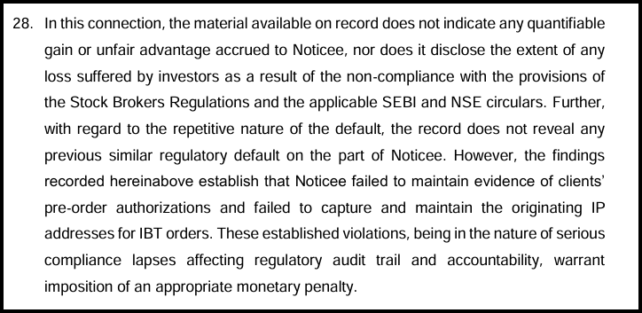 SEBI order paragraph stating no quantifiable gain or investor loss was found but compliance lapses warranted a penalty