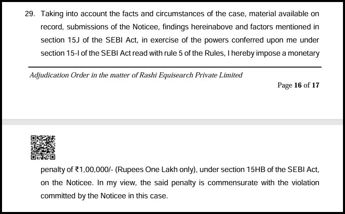 SEBI order paragraph imposing a monetary penalty of Rs. 1,00,000 on Rashi Equisearch under Section 15HB
