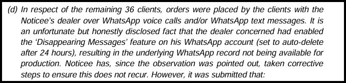 SEBI order excerpt about a dealer's WhatsApp disappearing messages that deleted client order records after 24 hours