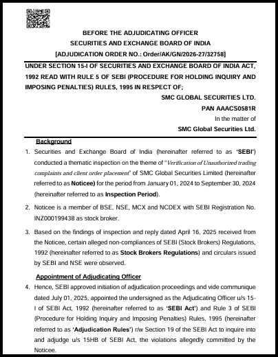 First page of the SEBI adjudication order in the matter of SMC Global Securities Ltd, showing the case heading and the background paragraphs.