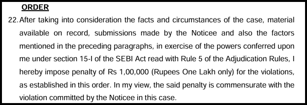 The Order section of the adjudication decision imposing a penalty of Rs 1,00,000 on the Noticee.