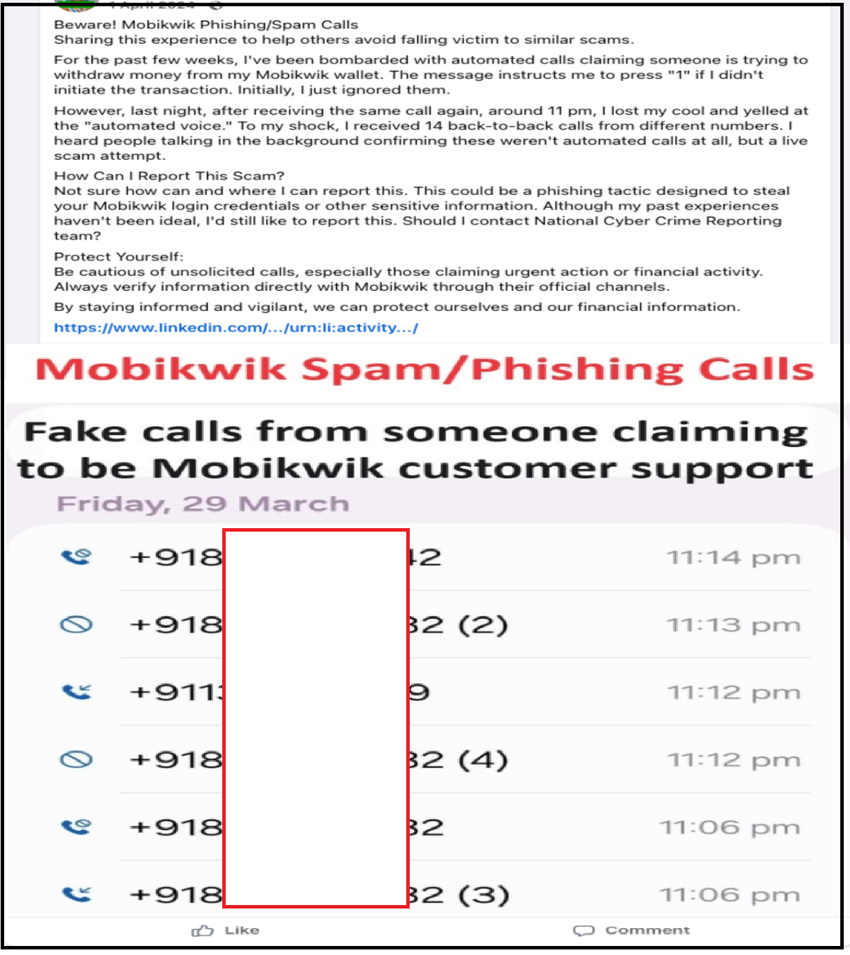 Call log screenshot showing back-to-back automated spam and phishing calls from multiple numbers regarding MobiKwik wallet impersonation scam