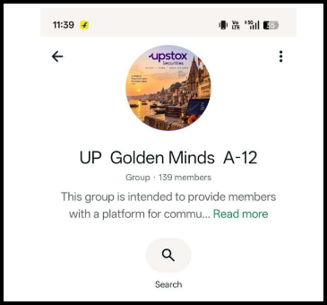 WhatsApp group “UP Golden Minds A-12” with 139 members using the Upstox Securities logo